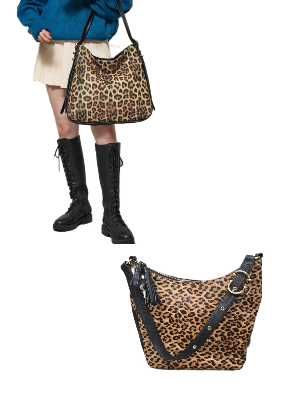 TALBOTS Animal/Leopard Print Calf Hair Pebbled Leather Hobo Style Handbag